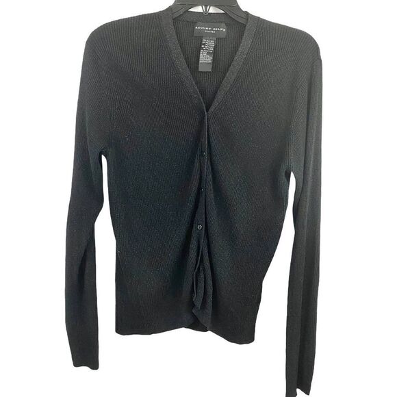August Silk Black Ribbed Silk V Neck Cardigan Size Medium Petites - Picture 1 of 8